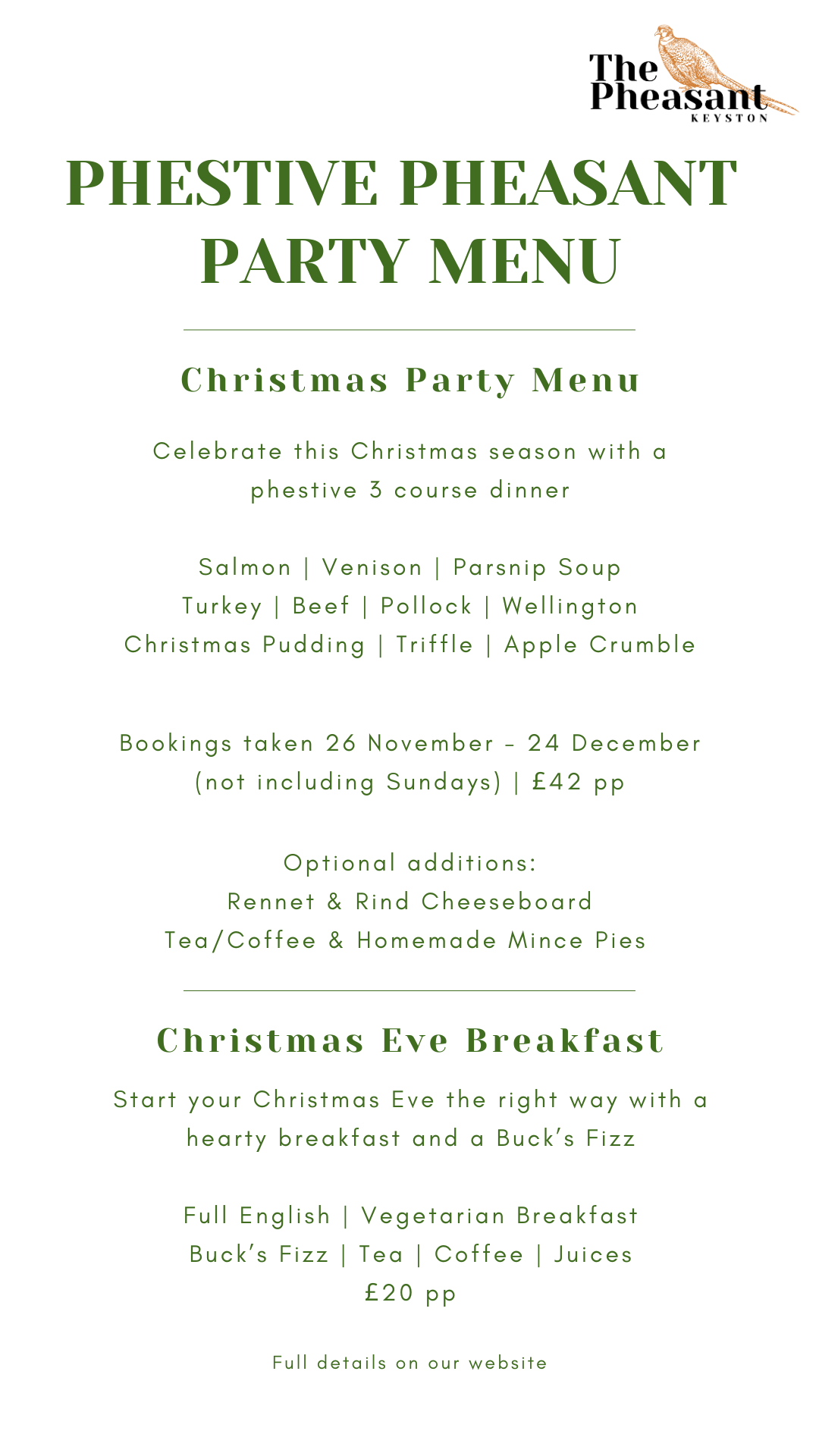 Phestive Pheasant Menu